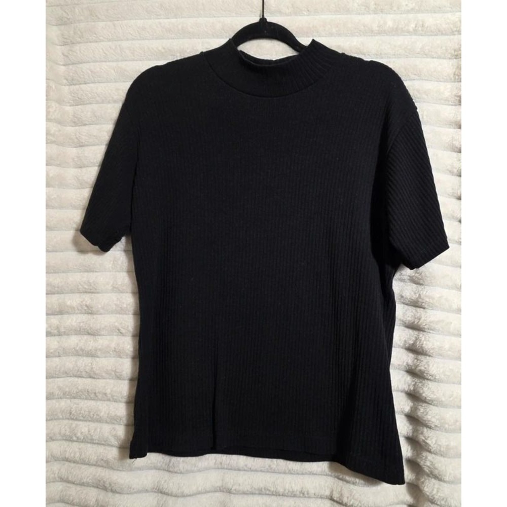 Hasting & Smith Black Ribbed Mock Neck Short Sleeve Top Women's Large